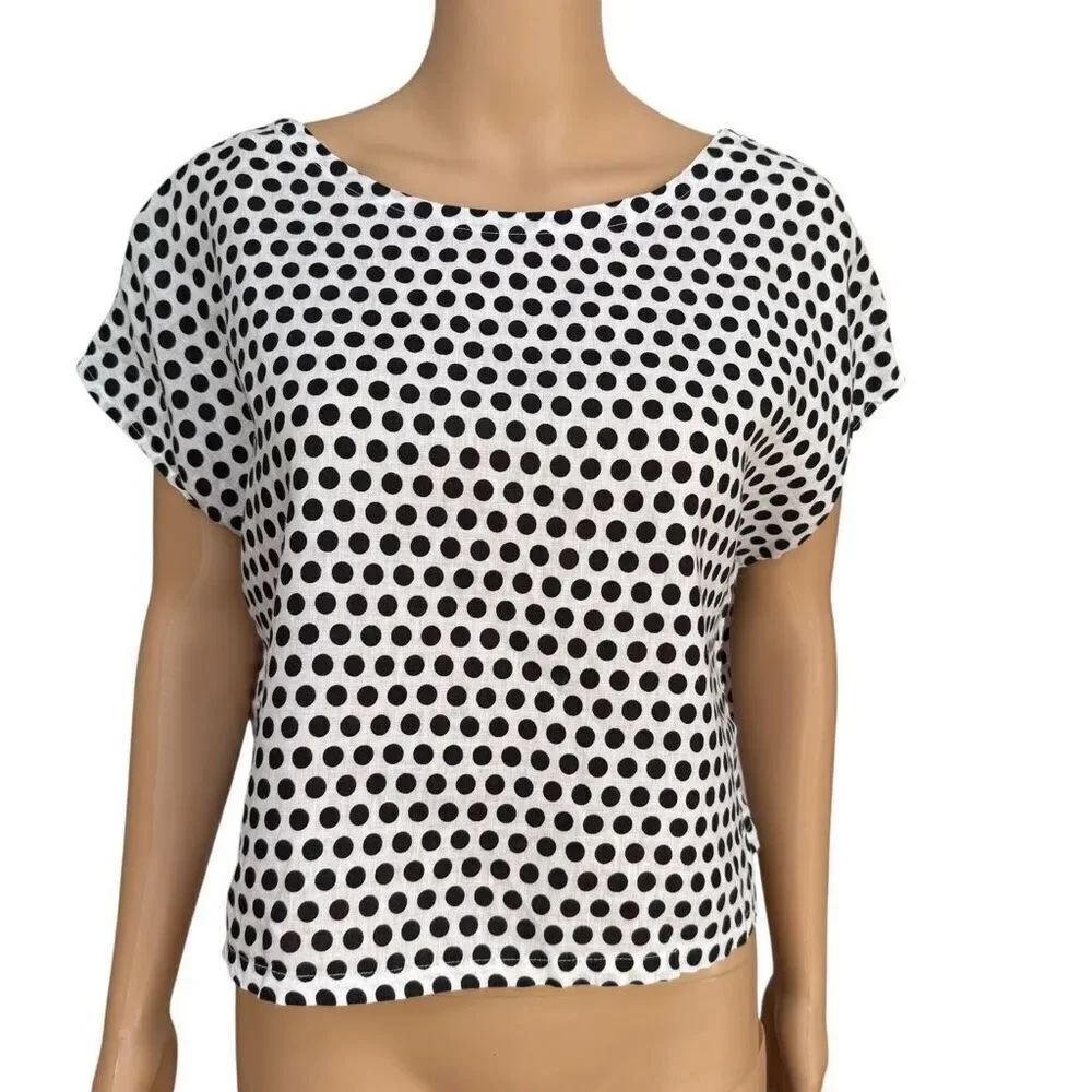 Cynthia Rowley Crop Top blouse 100% Linen Polka Dot button back detail sz M